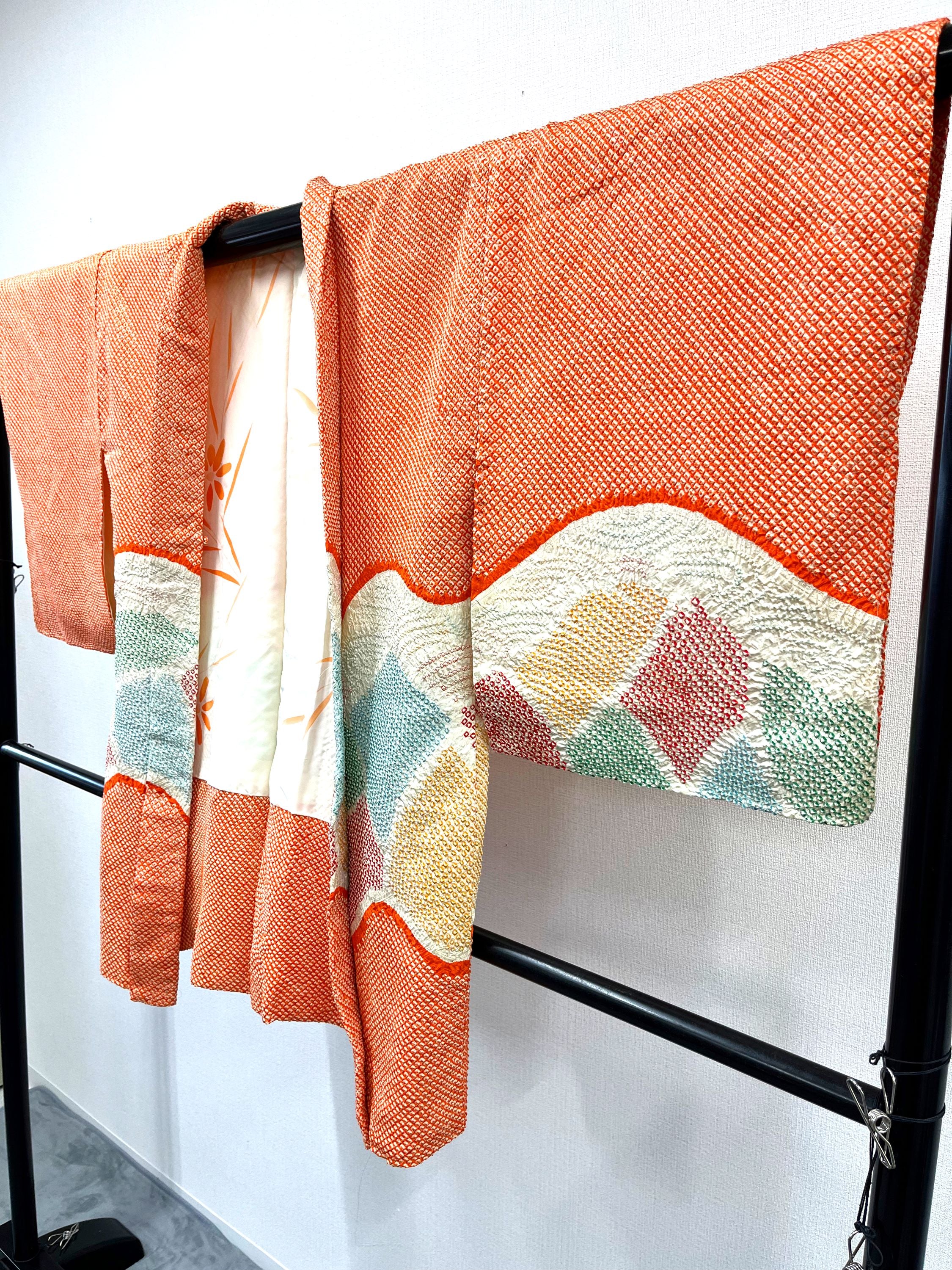◇KWH021 羽織 袷羽織 紐付き Haori オレンジ 古着 レトロ 和服