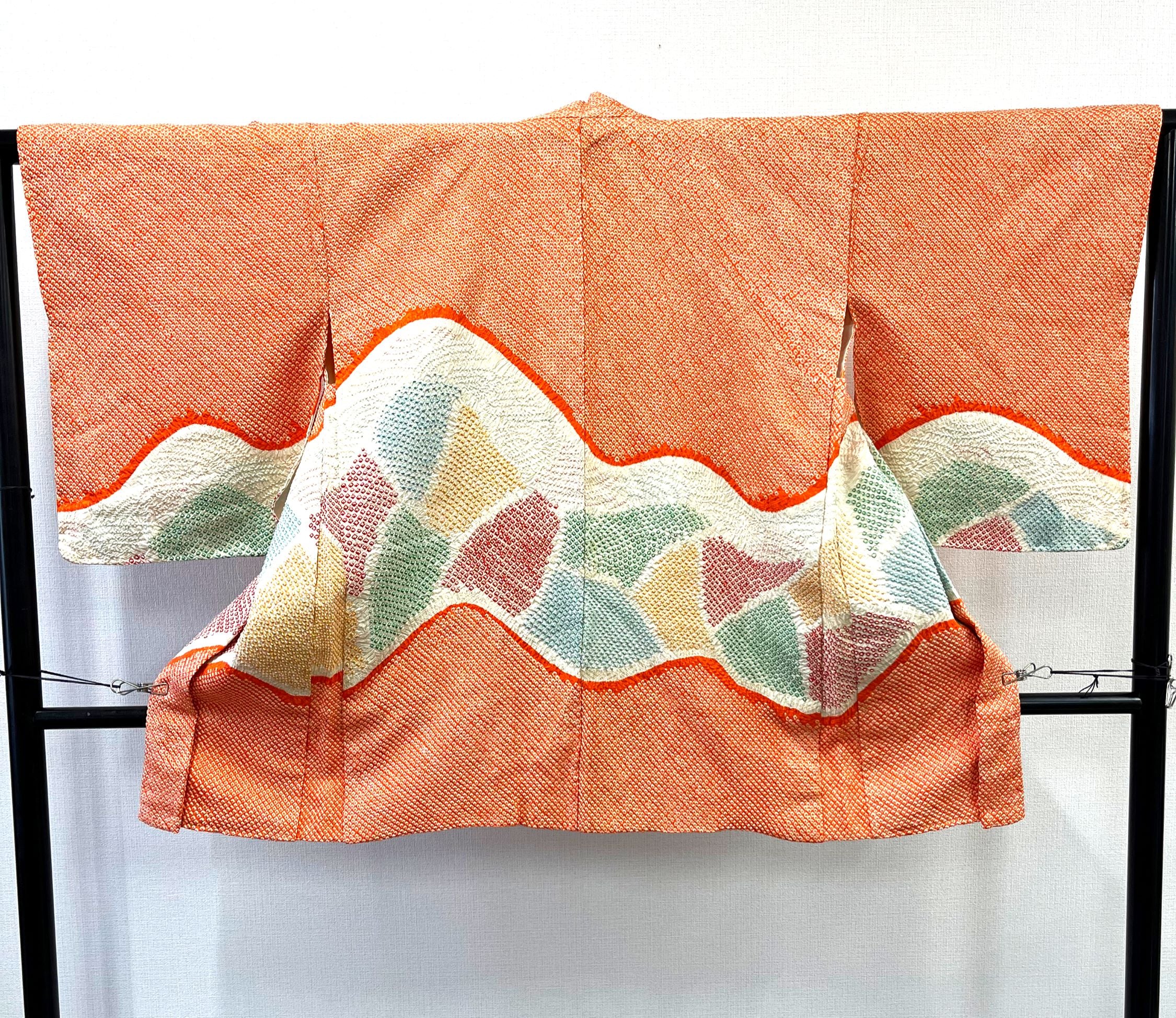 ◇KWH021 羽織 袷羽織 紐付き Haori オレンジ 古着 レトロ 和服