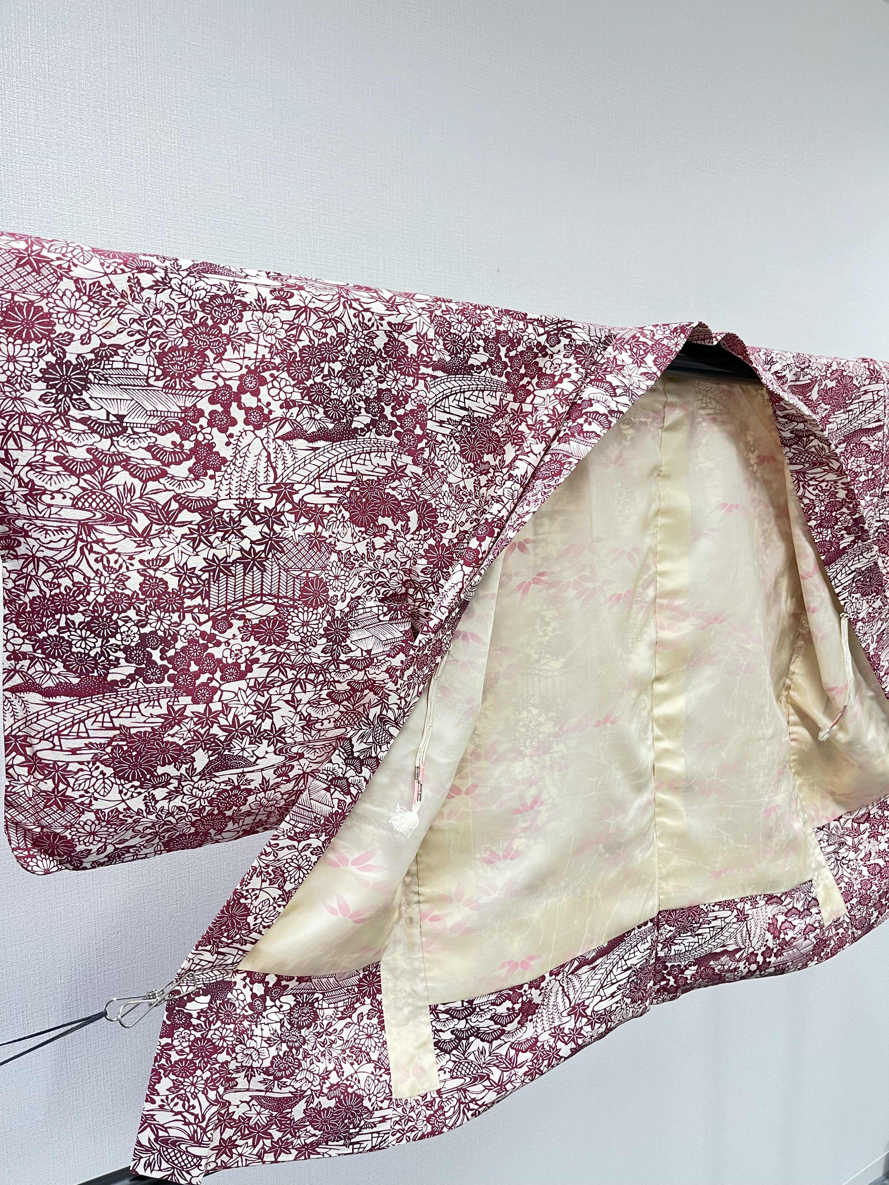 ◇KWH033 羽織 袷羽織 Haori 濃ピンク 白 古着 レトロ 和服