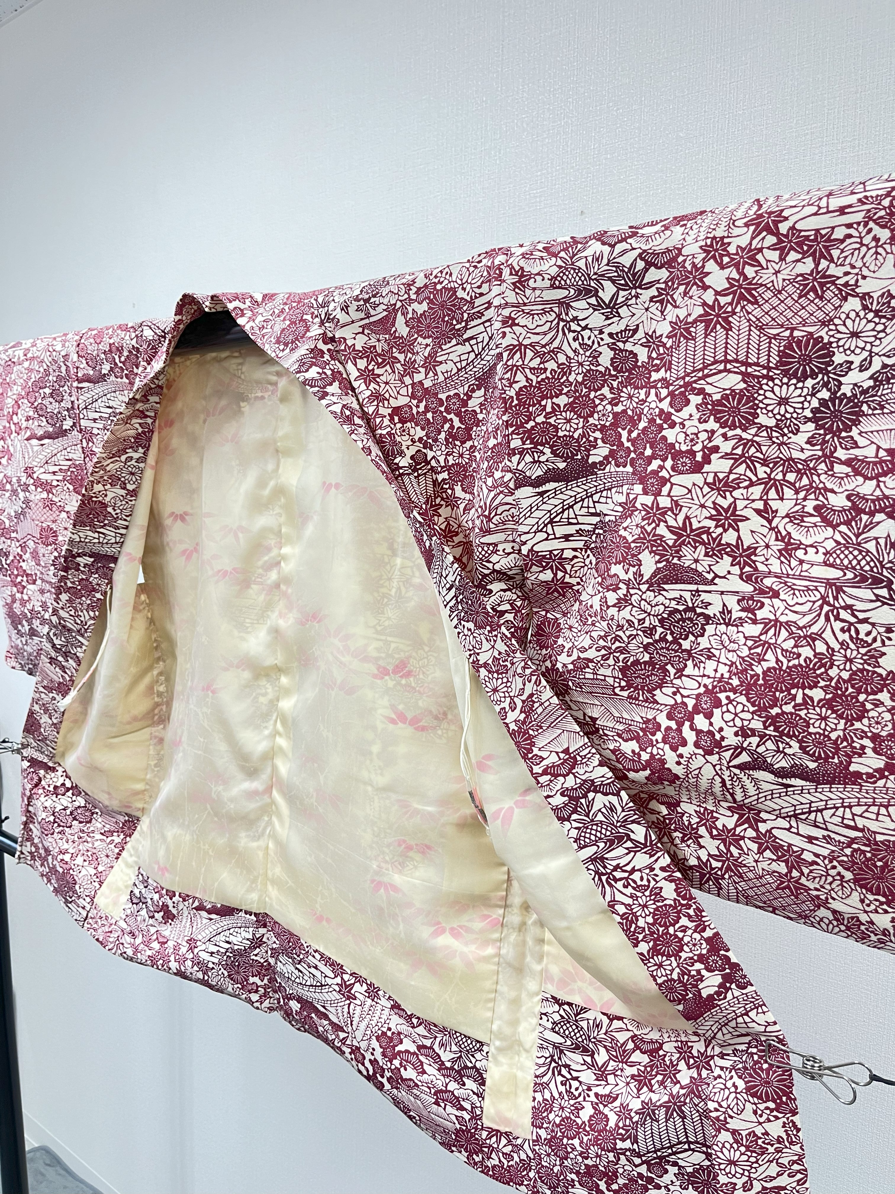 ◇KWH033 羽織 袷羽織 Haori 濃ピンク 白 古着 レトロ 和服