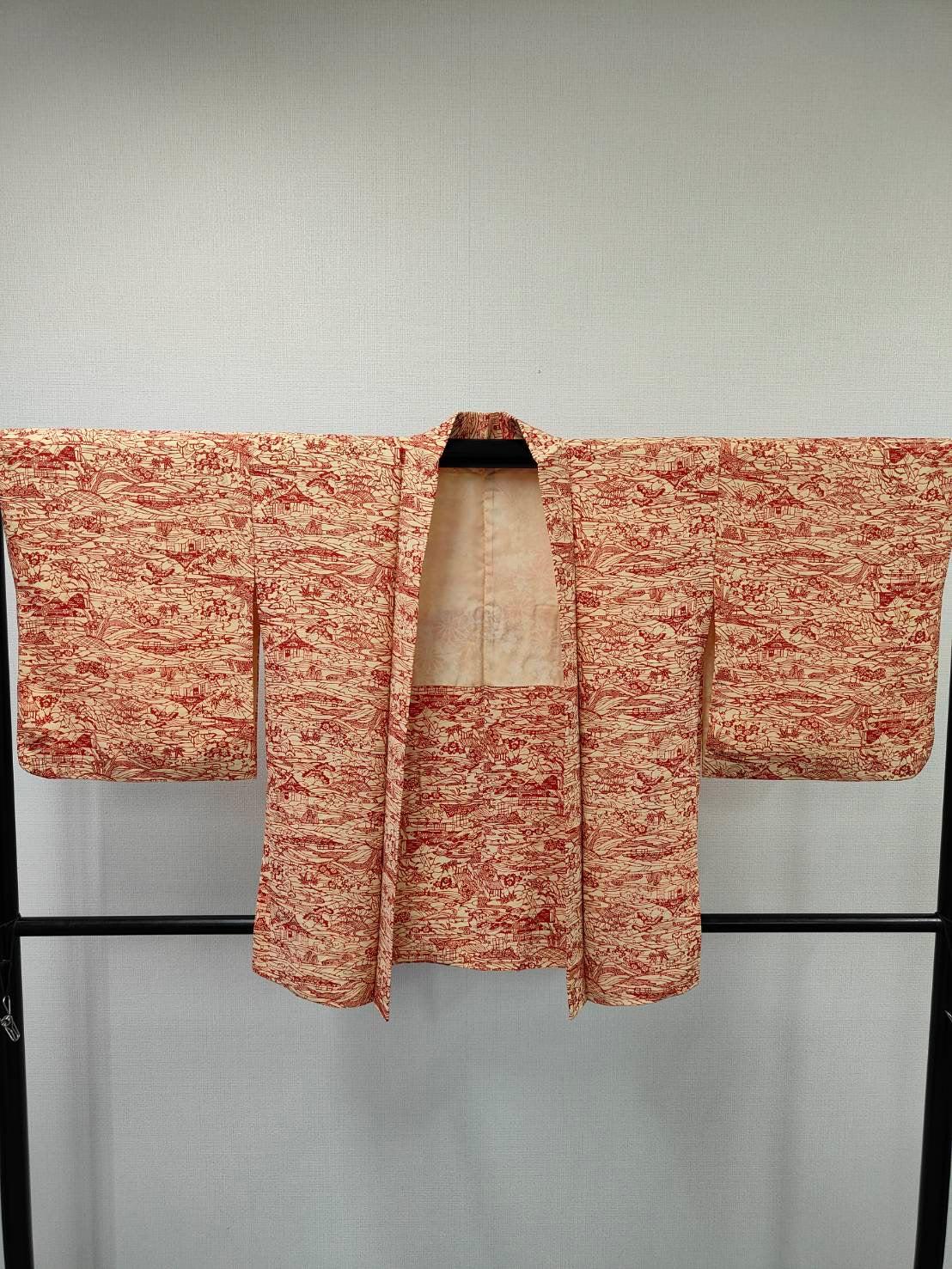 ◇KWH044 羽織 袷羽織 紐付き Haori 赤系 古着 レトロ 和服