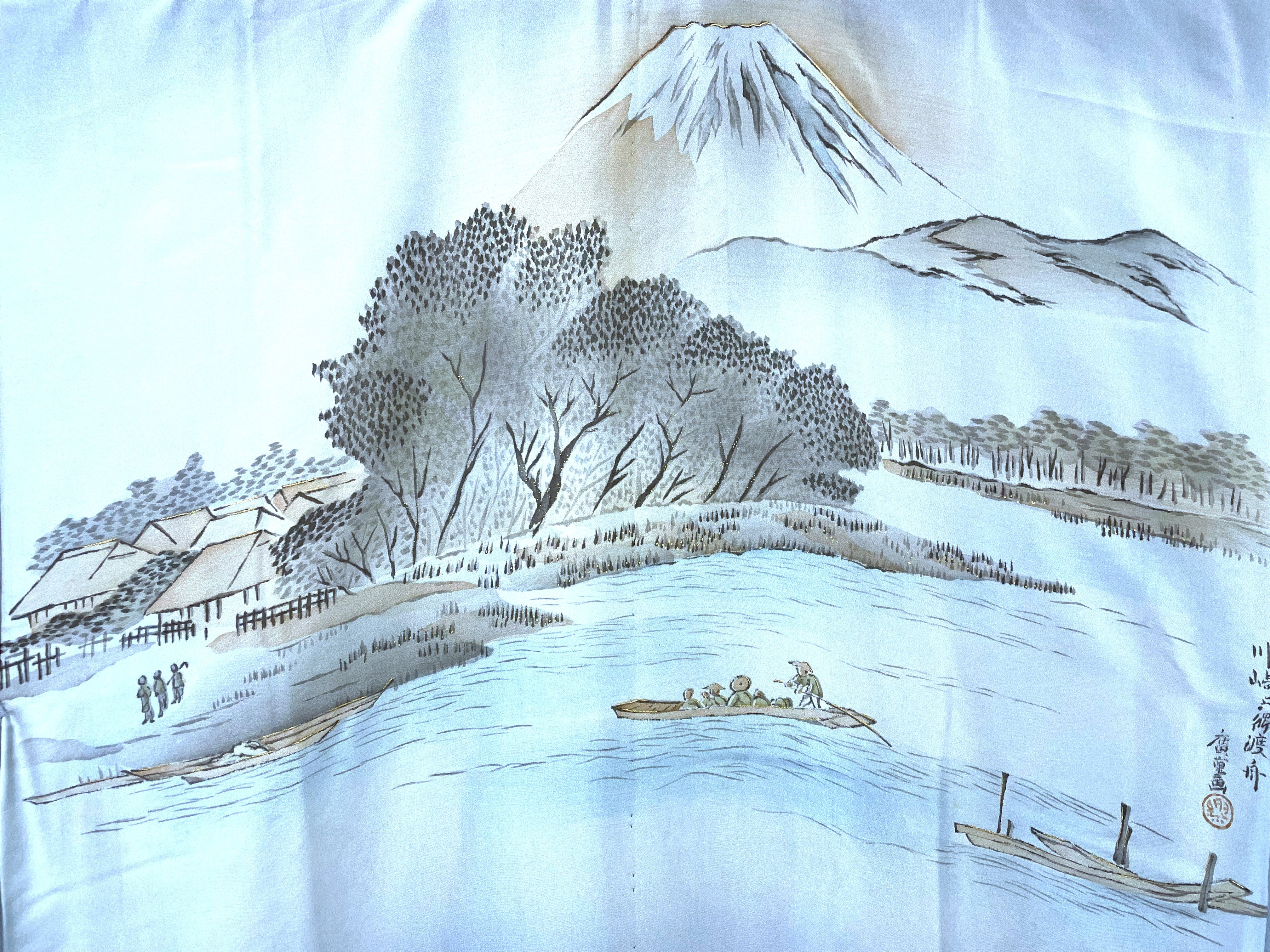 ♢KMJ010 襦袢 富士山 正絹 金箔 青色 アンティーク 中古