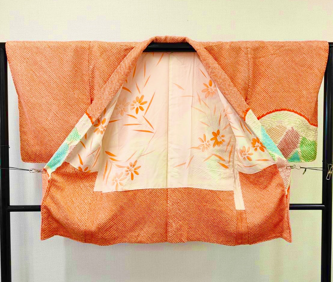 ◇KWH021 羽織 袷羽織 紐付き Haori オレンジ 古着 レトロ 和服