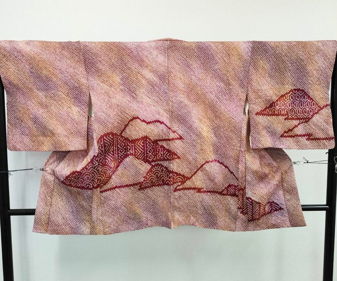 ◇KWH022 羽織 袷羽織 総絞り Haori 赤紫 古着 レトロ 和服