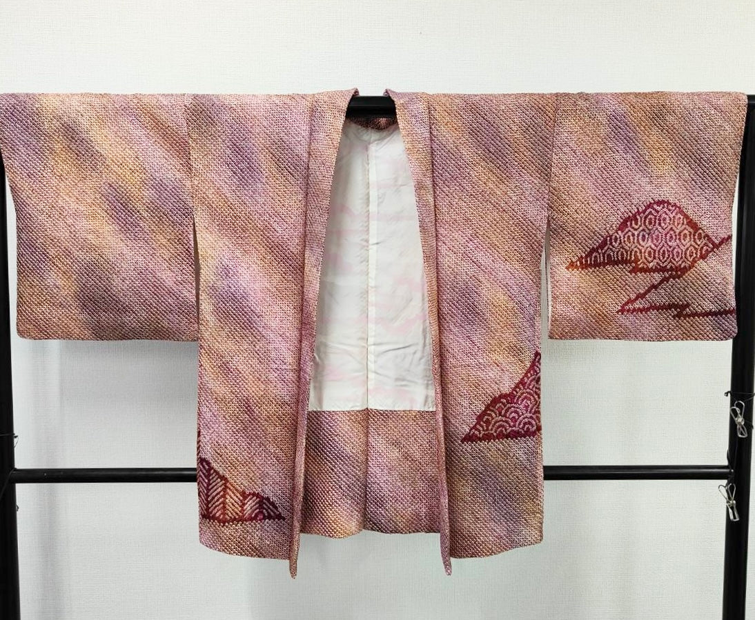 ◇KWH022 羽織 袷羽織 総絞り Haori 赤紫 古着 レトロ 和服