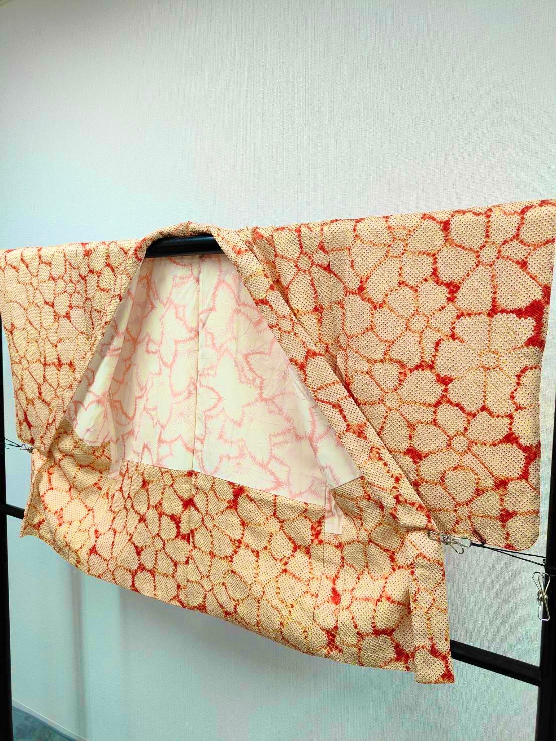 ◇KWH023 羽織 袷羽織 総絞り 花柄 Haori オレンジ 古着 レトロ 和服